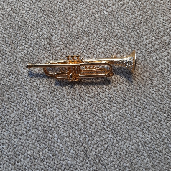 Gold Tone Trumpet and Rhinestone Pin Brooch - Picture 1 of 4